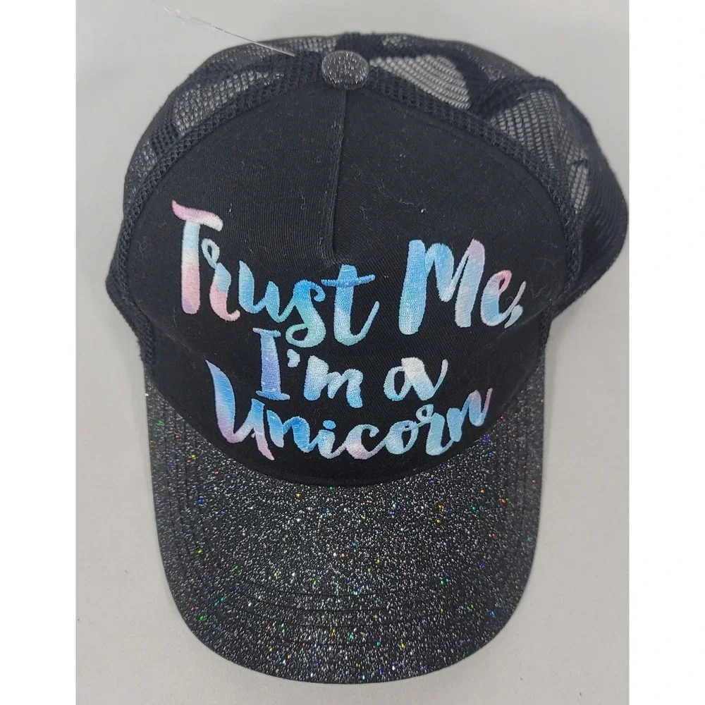 Trust Me I'm A Unicorn Mesh Snapback Trucker Hat with glittered bill